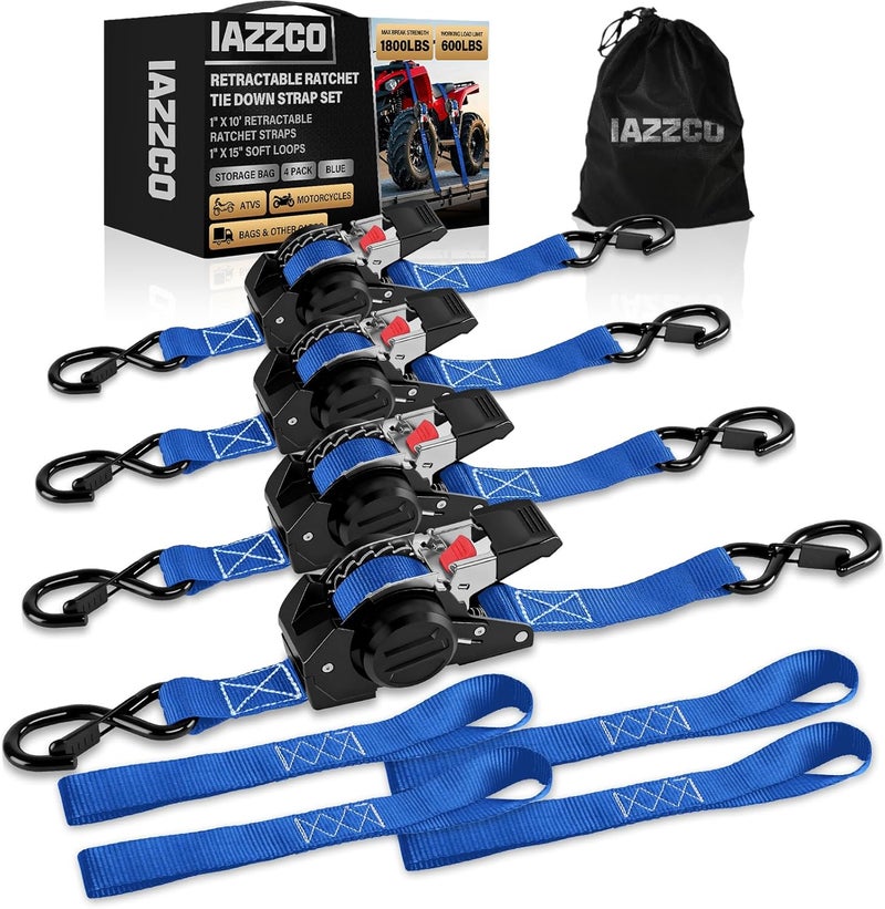 IAZZCO Retractable Ratchet Tie Down Straps - 1 Inch x 10 Feet (1800 LB Break Strength) Heavy Duty Self Retracting Ratchet Straps, for Trucks/ATV/Motorcycle/Cargo/Household(Blue/4 Pack) - Image 1
